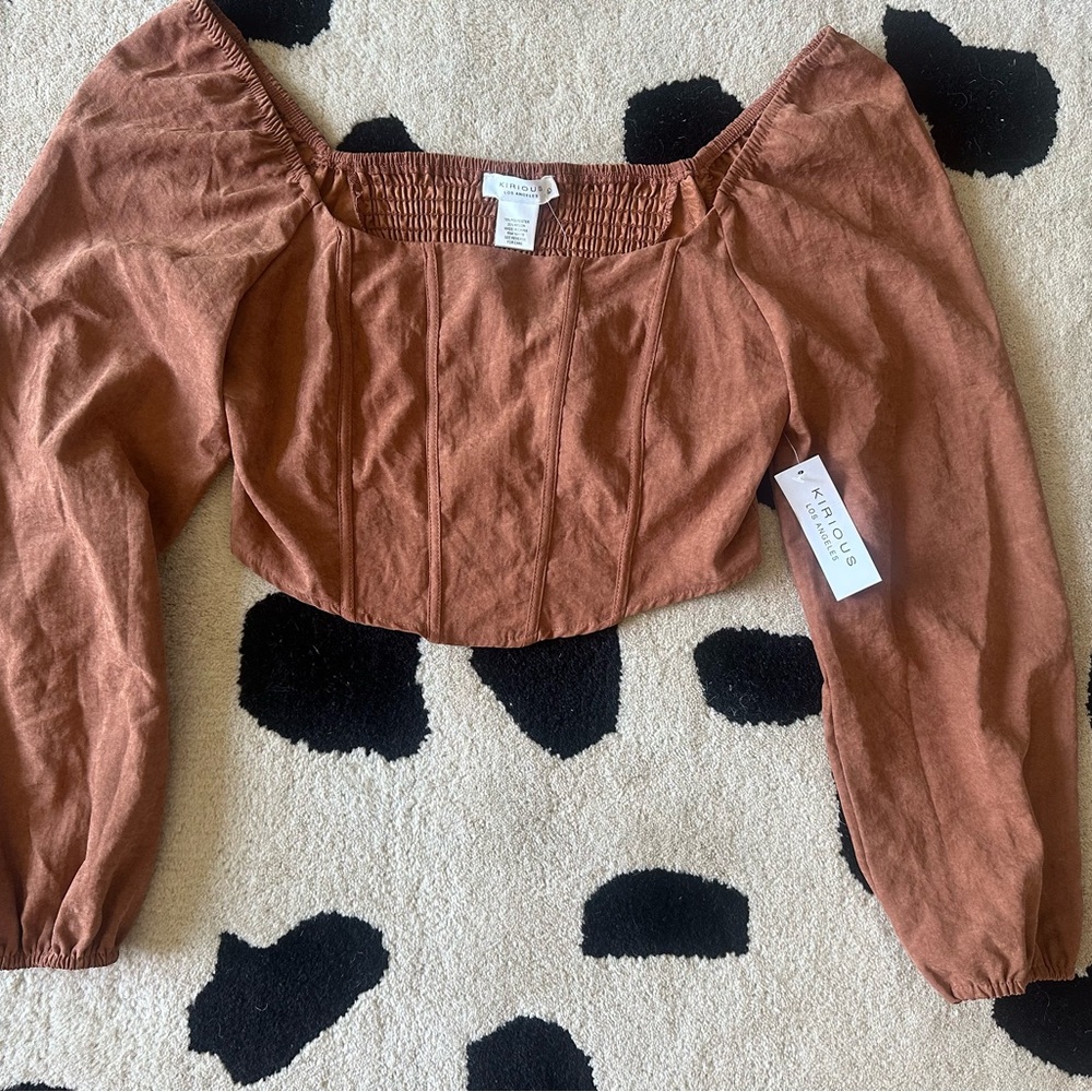 Brown faux suede corset cropped long sleeve